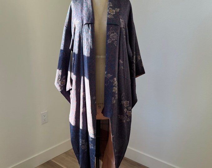 Antique 1930s Japanese silk kimono | Blue & Brown | Flower