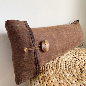 Antique Japanese Brown Sakabukuro Lumbar Pillow with a Wooden Button