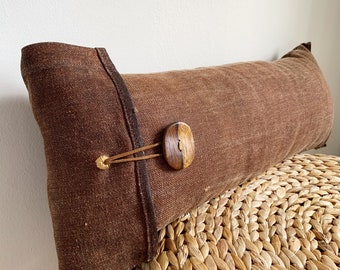 Antique Japanese Brown Sakabukuro Lumbar Pillow with a Wooden Button