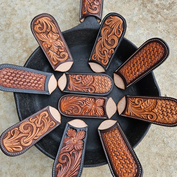 Tooled Leather Cast Iron Skillet Handle Cover: Hermann Oak Leather