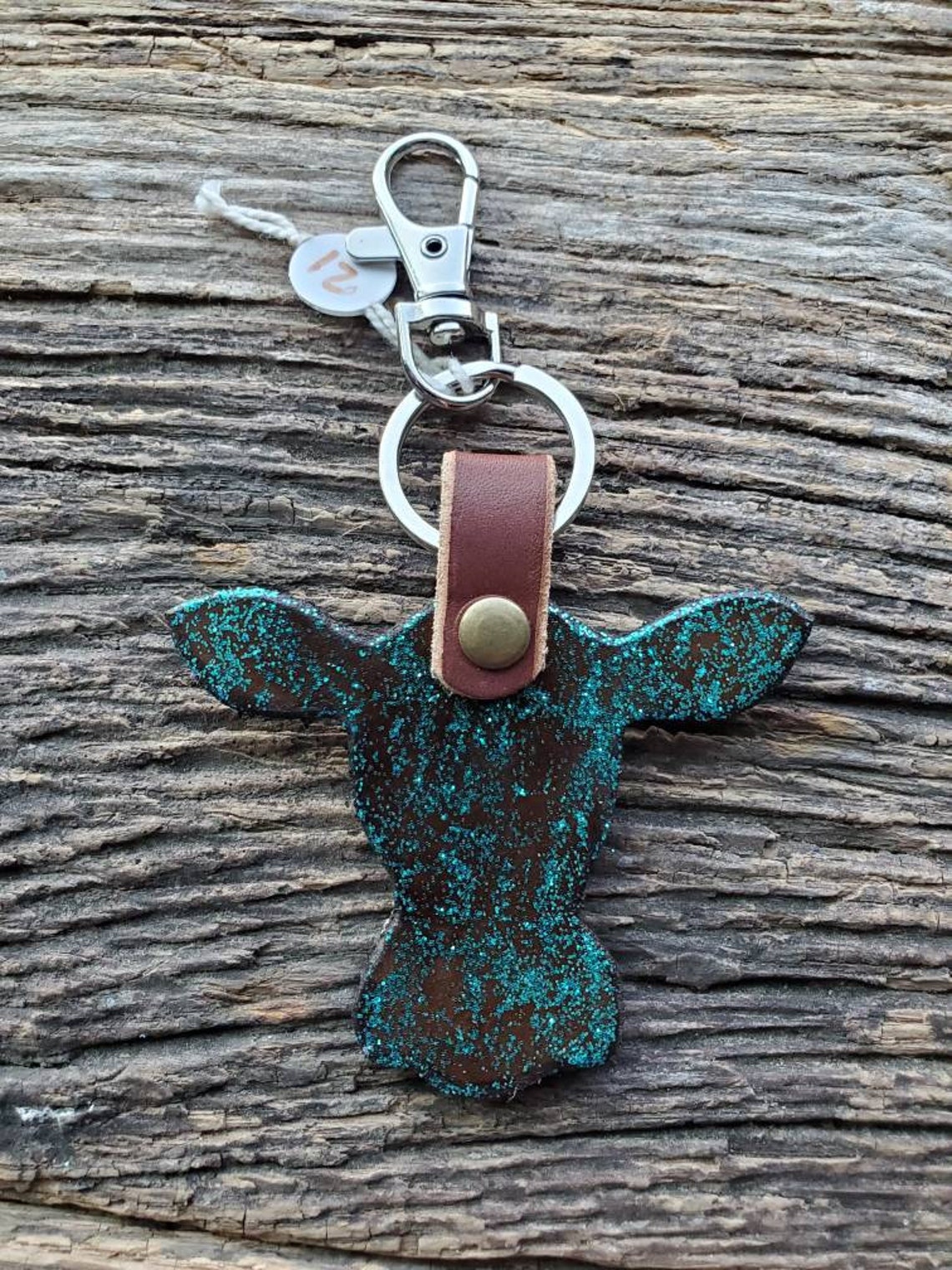 Cow head leather keychain turquoise glitter keychain western Etsy