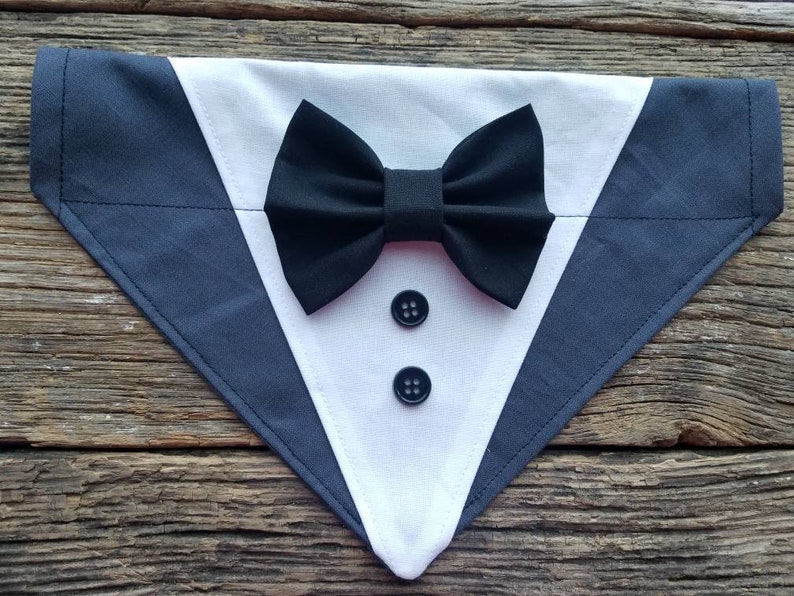 Tuxedo dog bandana bowtie over the collar custom colors dark grey and black