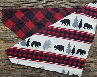 Plaid Dog bandana bears and buffalo plaid flannel reversible over the collar