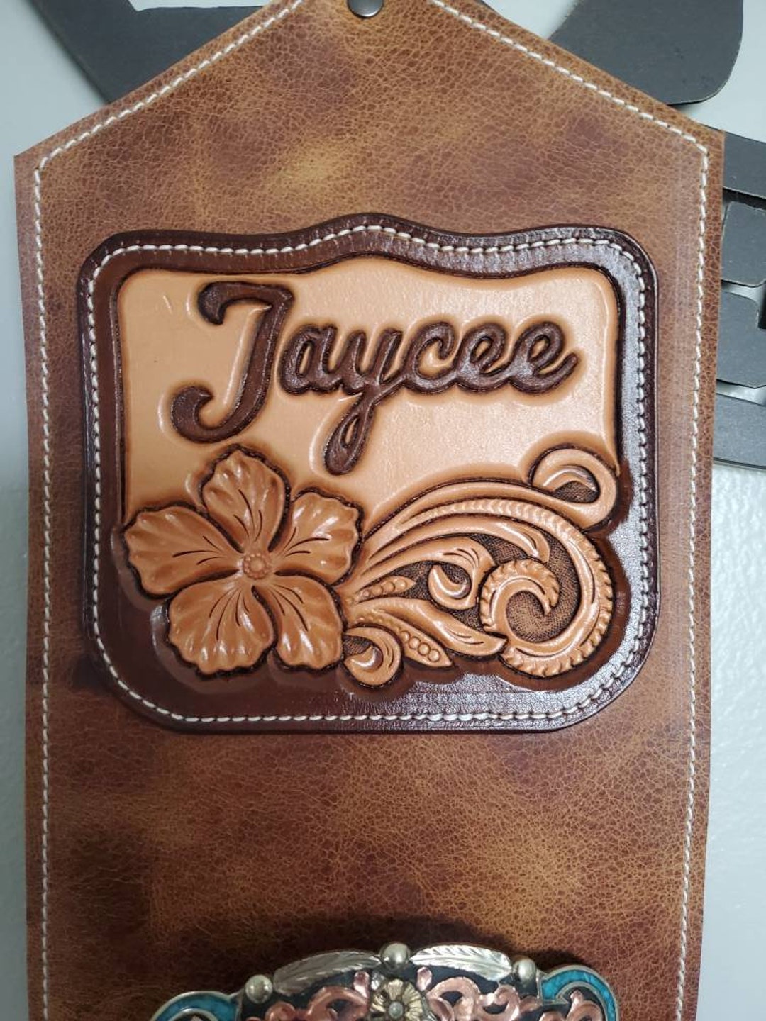 Custom Trophy Buckle Hanger, Leather Trophy Buckle Hanger, Tooled