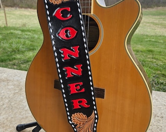 Custom tooled leather guitar strap, leather guitar strap