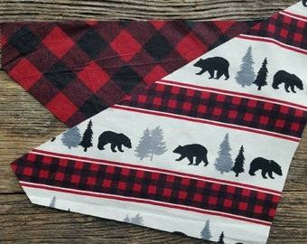 Plaid Dog bandana, bears, red buffalo plaid, flannel, reversible over the collar