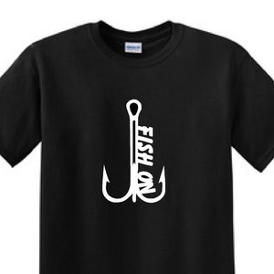 May include: Black t-shirt with a white graphic of a fishing hook and the text "Fish On".