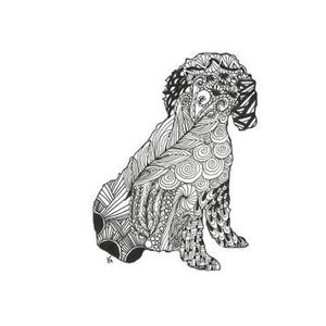 May include: A black and white line art illustration of a sitting dog, filled with intricate zentangle patterns including swirls, stripes, and geometric shapes. The text 'countrysidepuppy' is printed vertically in black along the left side.