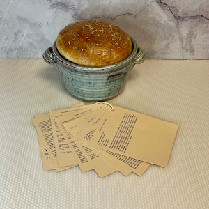 May include: A freshly baked loaf of bread sits in a blue and gray ceramic bread warmer. The bread is golden brown and sprinkled with herbs. A stack of recipe cards with printed text is in front of the bread warmer.