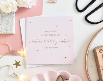 16th Birthday Card, 16 Card with Gold Foil, 16th Card, 16th Birthday Gift, 16 Years Old, Sixteen, Happy 16th Birthday, Make A Wish Card