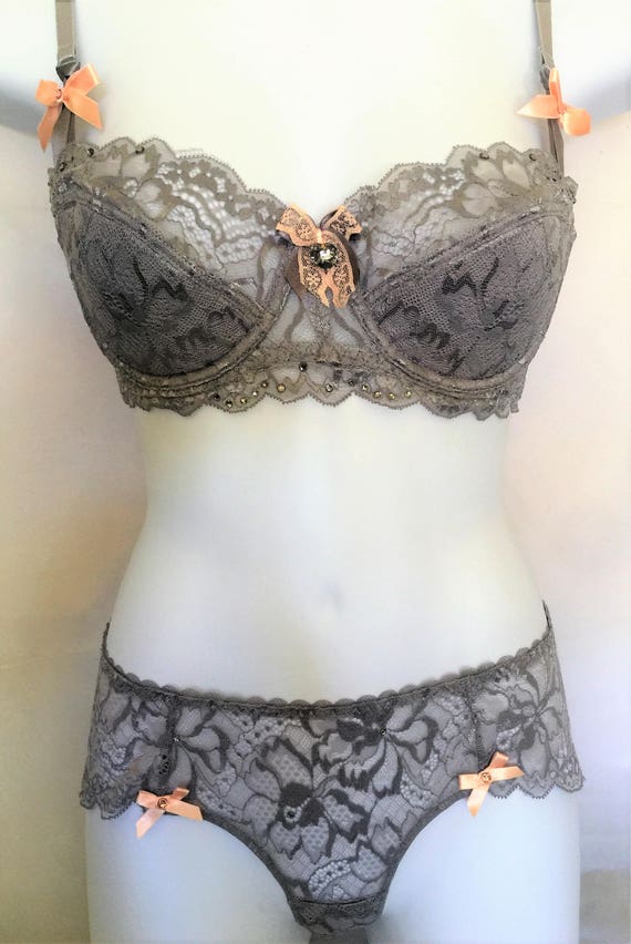 Silver Gray Swarovski Crystal Lace Bra and Panties Set 34C 