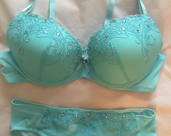Light Blue Aqua Swarovski Crystal Bra and Panties Set 36C