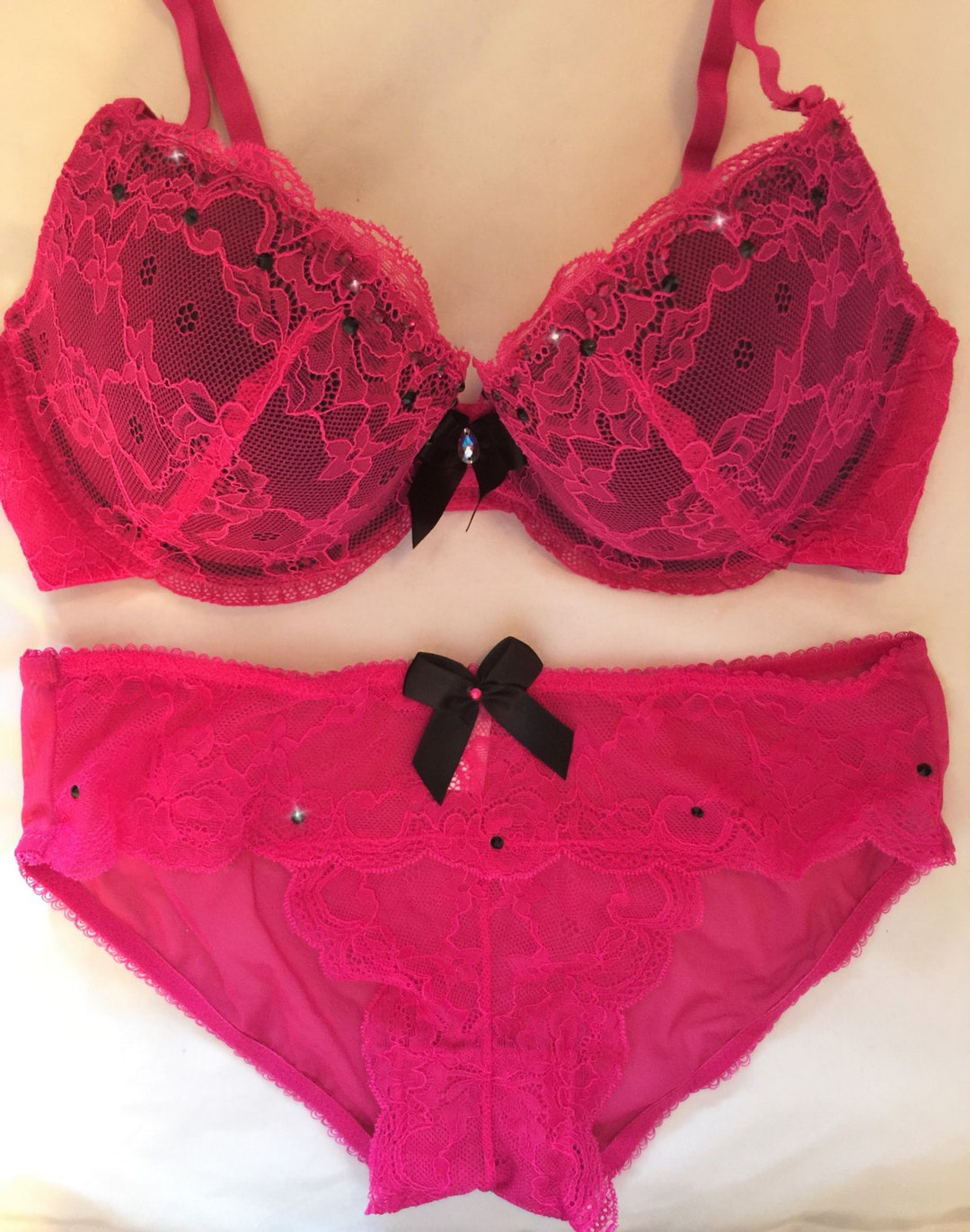 Pink Lace Over Pink Bra and Panty Set Swarovski Crystal Encrusted 36B -   Canada
