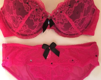Black w/ Fushchia Pink Lace Swarovski Crystal Bra and Panty Set 36C