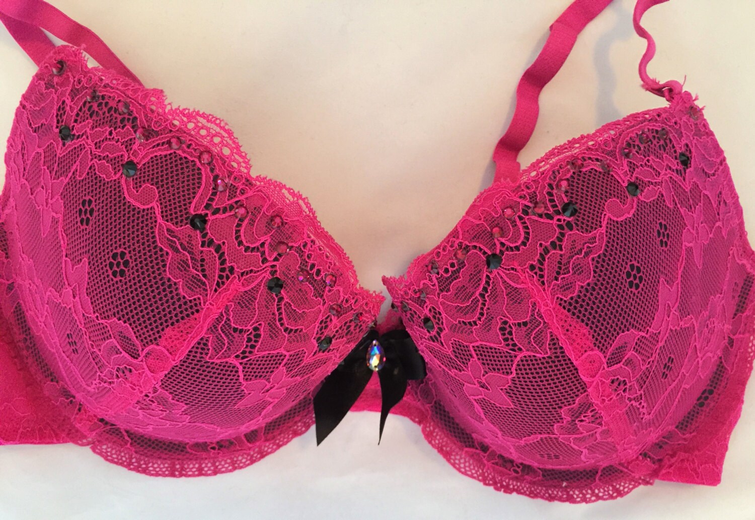 Black W/ Fushchia Pink Lace Swarovski Crystal Bra and Panty Set 36C -   Canada