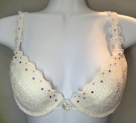 Declicate White W/lavender Purple Accents Floral Lace Swarovski Crystal Bra  and Thong Panties Set 36C -  Canada