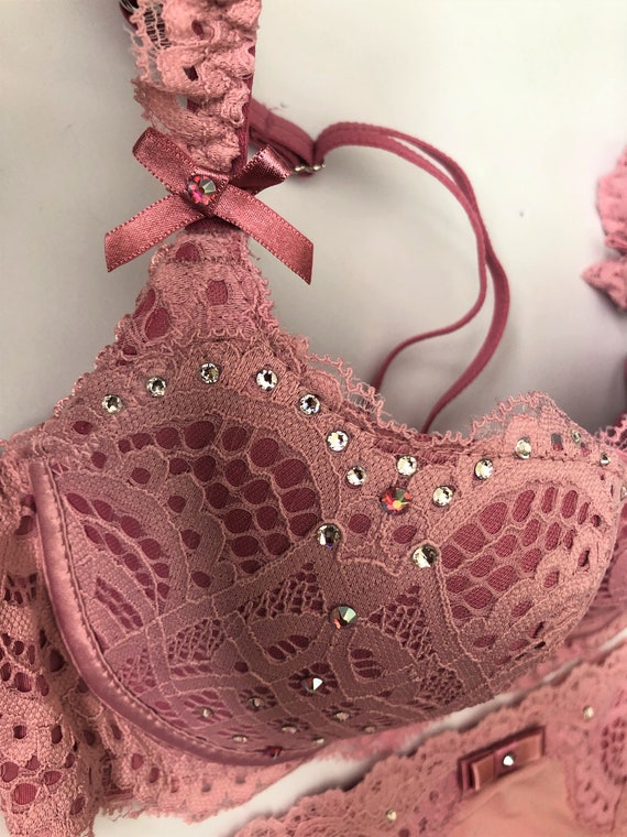 Pink Lace Over Pink Bra and Panty Set Swarovski Crystal Encrusted