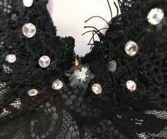 Black Eyelash Lace Covered Bra and Panty Set With Swarovski Crystals 36C 