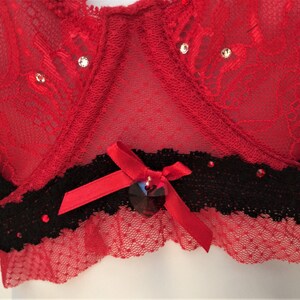 May include: Red lace lingerie with black lace trim and a red satin bow with a rhinestone embellishment.