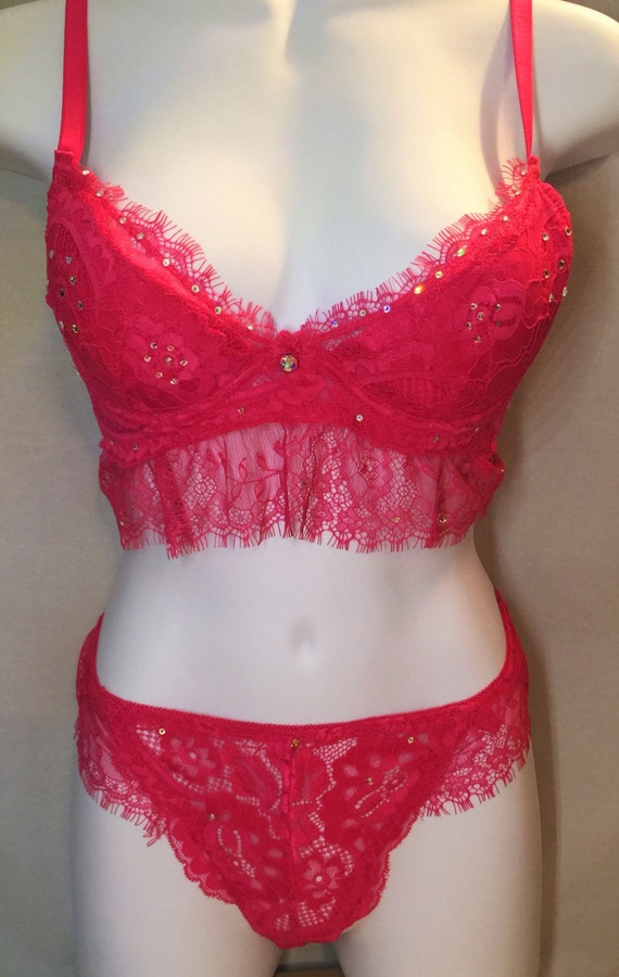 Fuschia Pink Eyelash Lace Swarovski Crystal Bra and Panties Set 36B -   New Zealand