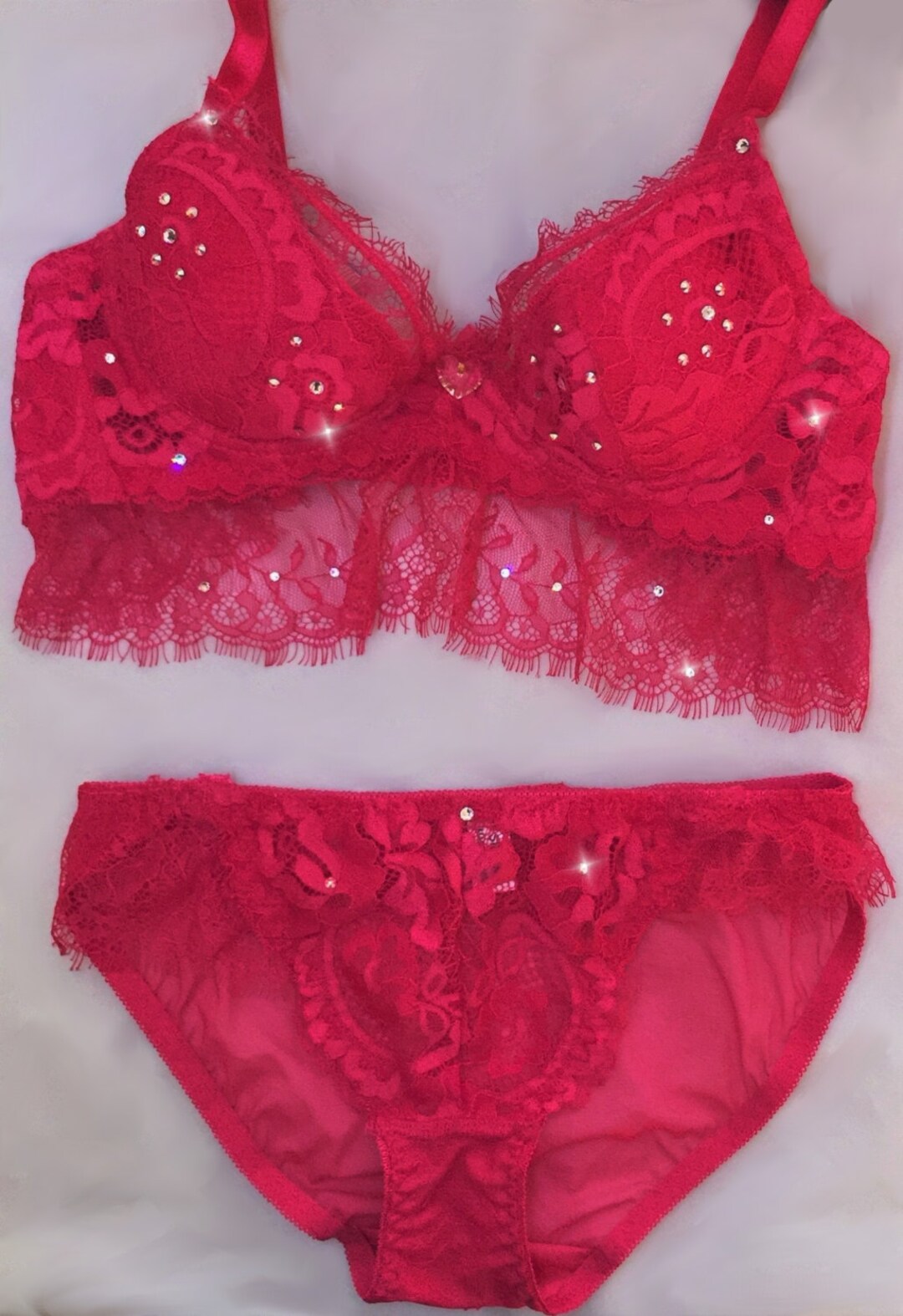 Pink Peach Lace Swarovski Crystal Pearl Bra and Panties Set 38C