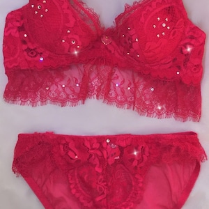 Fuschia Pink Eyelash Lace Swarovski Crystal Bra and Panties Set 34A