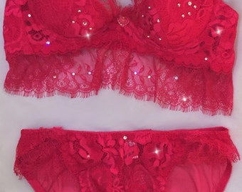 Fuschia Pink Eyelash Lace Swarovski Crystal Bra and Panties Set 34A