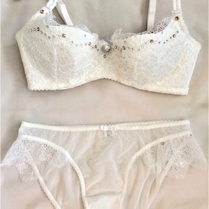 White Lace Swarovski Crystal Bra and Panties Set 32C