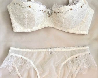 White Lace Swarovski Crystal Bra and Panties Set 32C