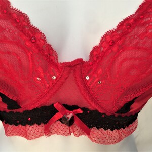 May include: Red lace bra with black trim and rhinestones.
