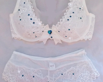 White with Ocean Blue Accents Swarovski Crystal Bra and Panties Set 36C