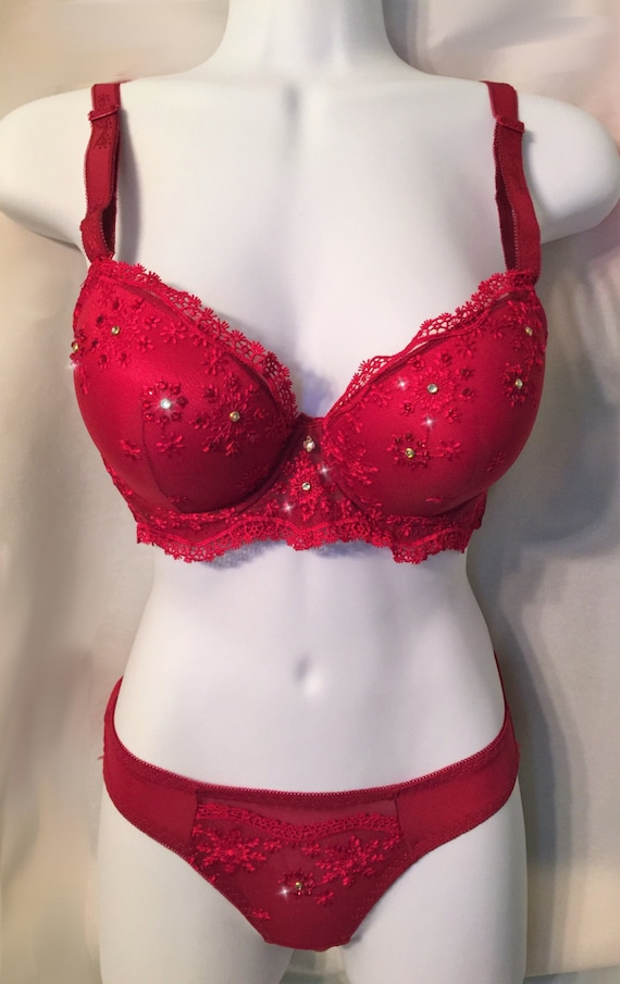 Red Padded Bra W Embroidered Detail Swarovski Crystal Bra and Panty Set 36C  -  Australia