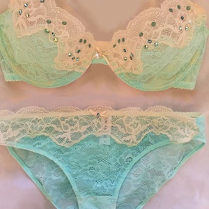Mint Green and Ivory Delicate Lace Swarovski Crystal Bra and Panties Set 34C