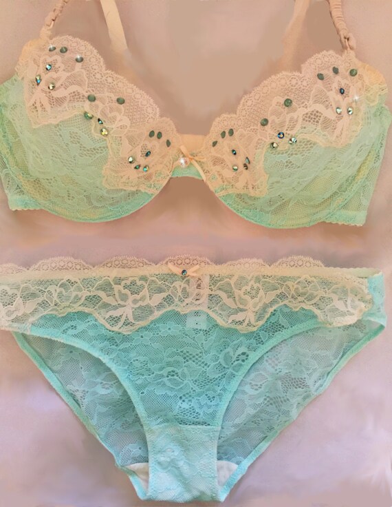 Mint Green and Ivory Delicate Lace Swarovski Crystal Bra and Panties Set 34C  