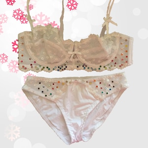 White with Multi Colored Swarovski Crystal Encrusted Bra and Panty Set 34D Bridal