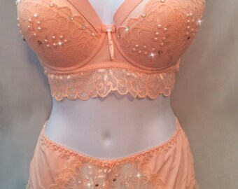 Pink Peach Lace Swarovski Crystal Pearl Bra and Panties Set 38C