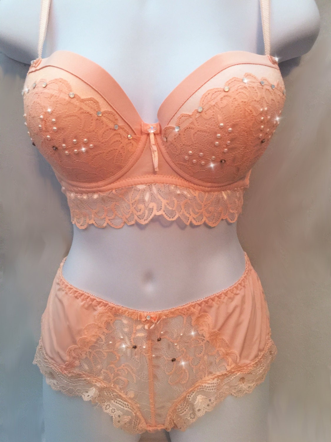 Pink Peach Lace Swarovski Crystal Pearl Bra and Panties Set 38C