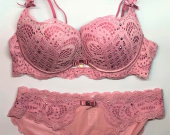 Pink Lace over Pink Bra and Panty Set Swarovski Crystal Encrusted 36B