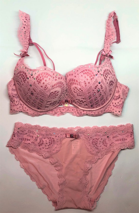 Pink Lace Over Pink Bra and Panty Set Swarovski Crystal Encrusted 36B -   Canada