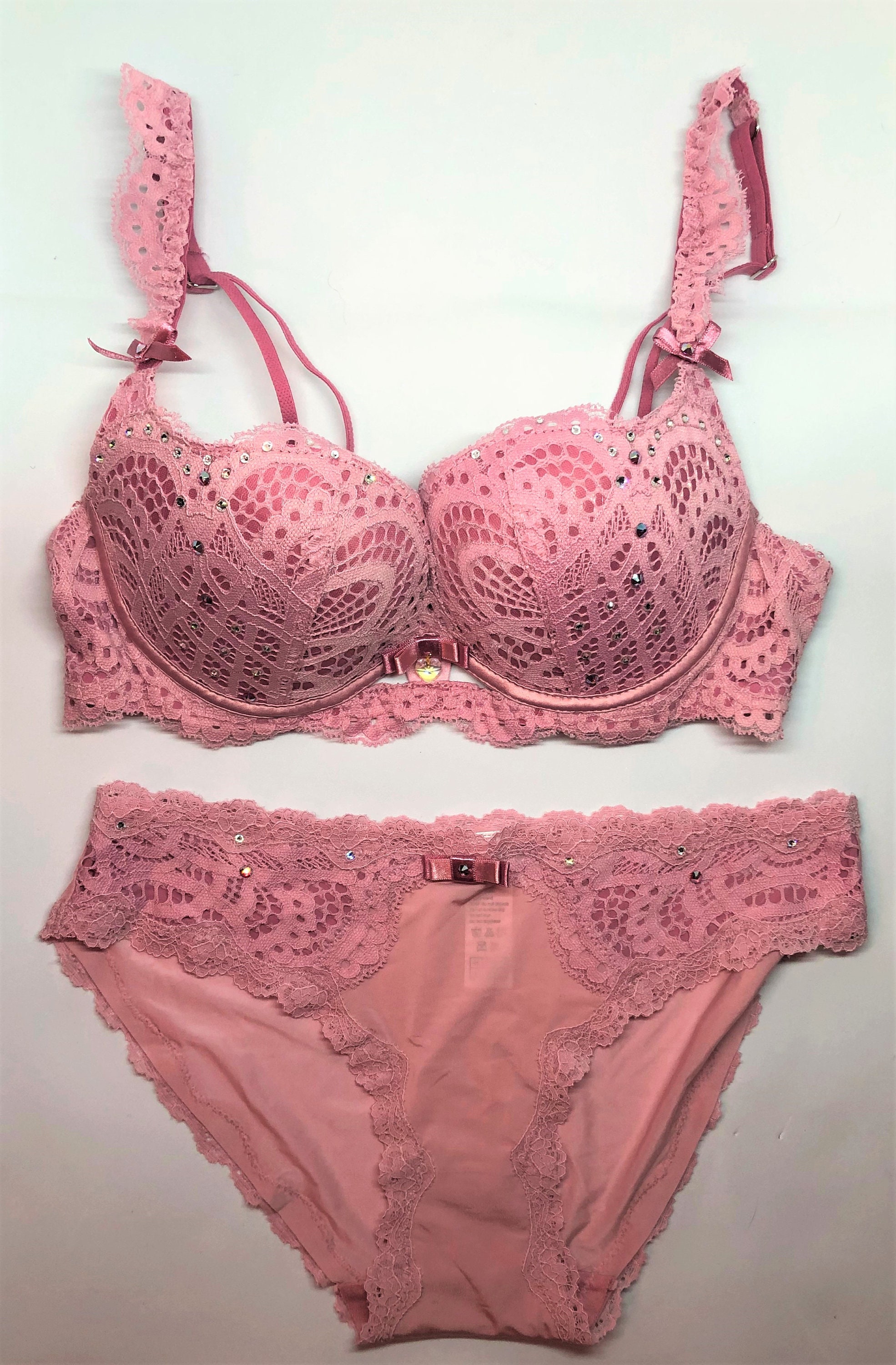 Pink Lace Over Pink Bra and Panty Set Swarovski Crystal Encrusted 36B 