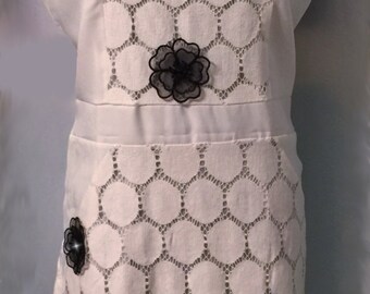White Dot Dress with Black Flowers filled with Swarovski Crystals, size LARGE