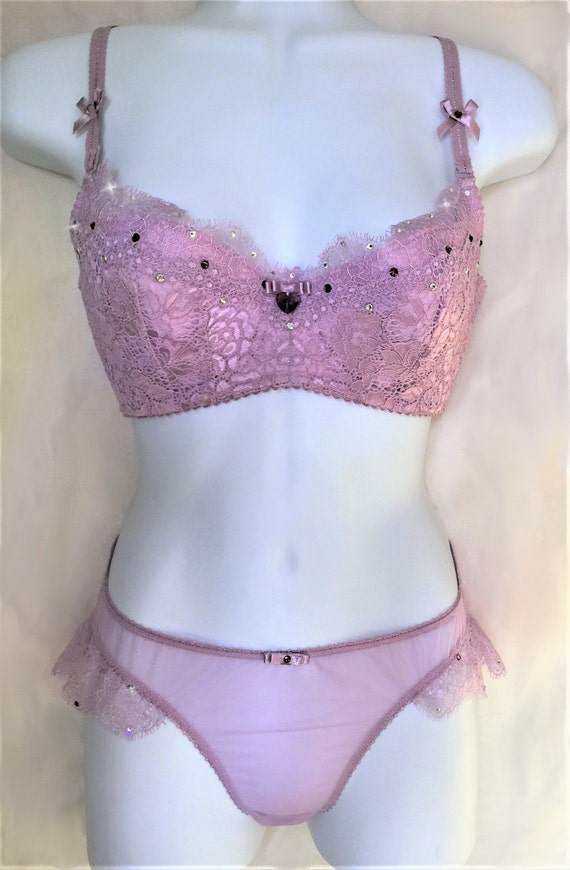 Lavender Purple Lace Swarovski Crystal Bra and Panties Set 34D