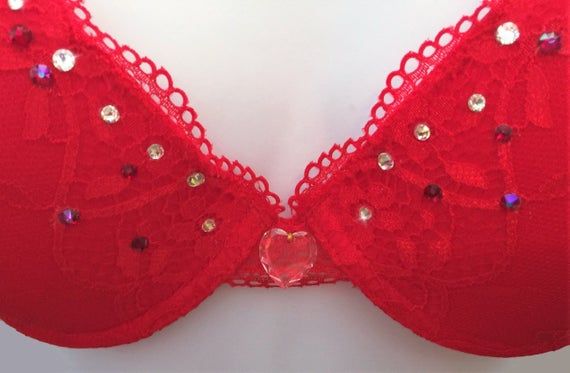 Stunning Red Lace Swarovski Crystal Encrusted Bra and Panty Set 36D