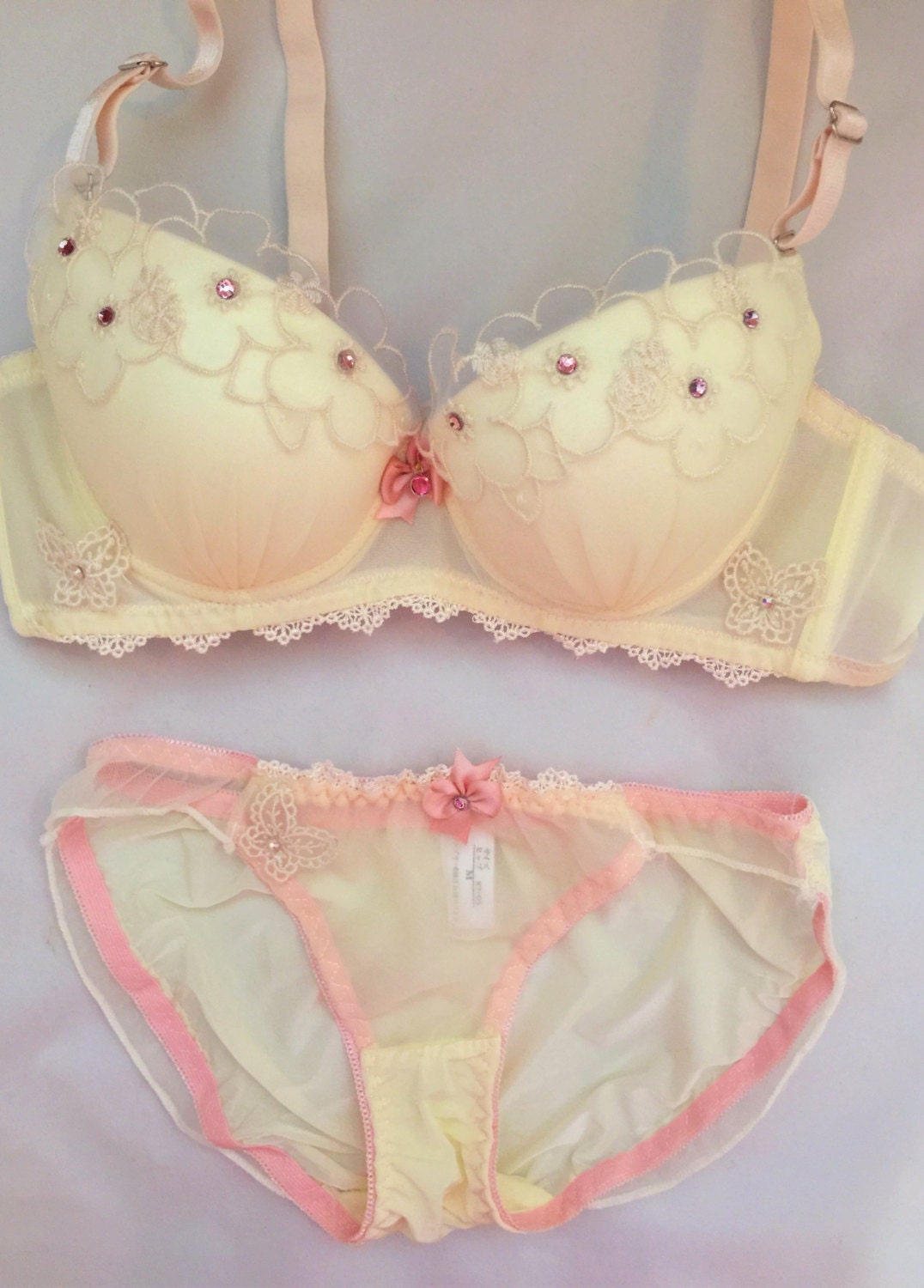 Cream Ivory With Lace Swarovski Crystal Bra and Thong Panties Set 40DD 