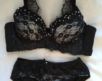 Black Eyelash Lace covered Bra and Panty Set with Swarovski Crystals 36C