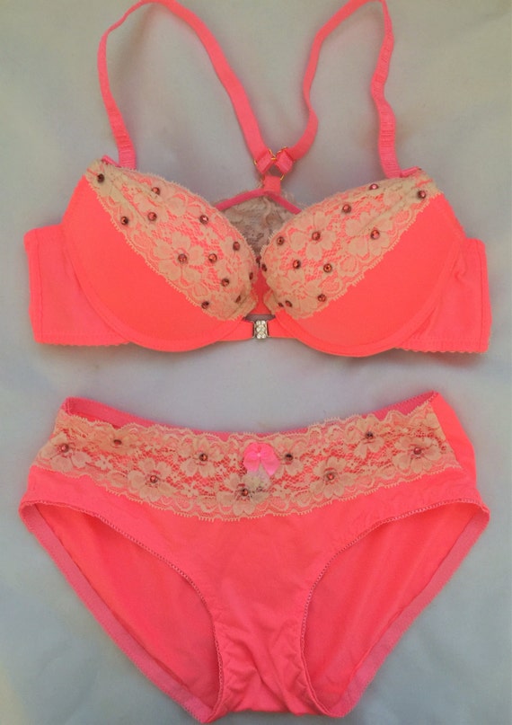 Bright Peach Orange Racerback Swarovski With Cream Lace Swarovski Crystal  Bra and Panties Set 34B -  Canada