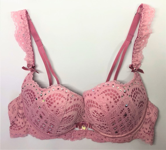 Pink Lace Over Pink Bra and Panty Set Swarovski Crystal Encrusted