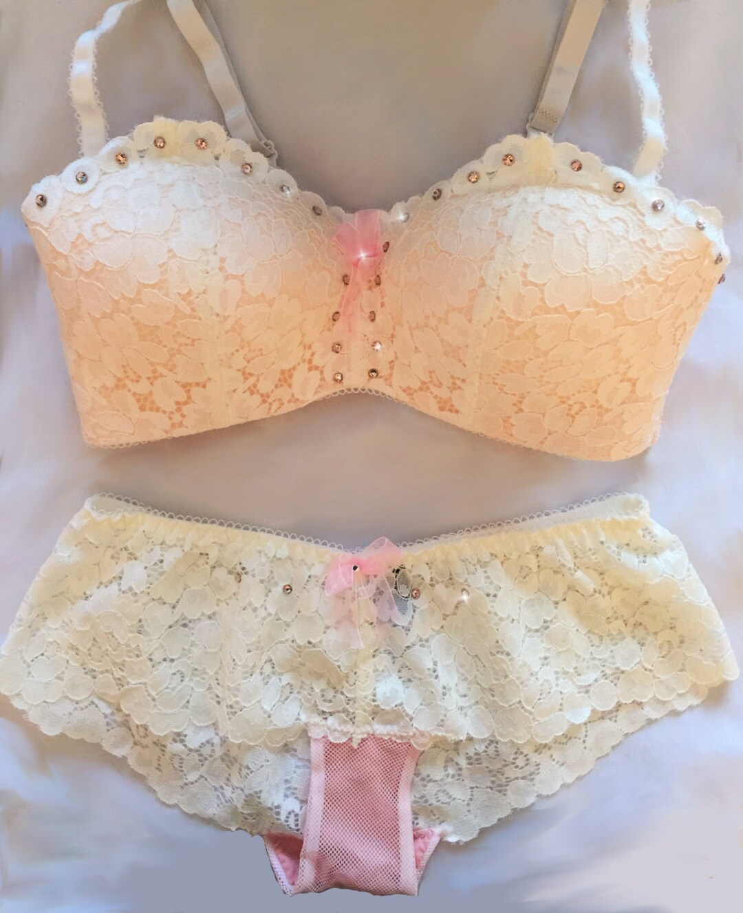 Ivory Cream Lace and Pink Swarovski Crystal Bra and Panties Set 36C -   UK