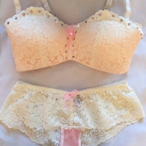 Ivory Cream Lace and Pink Swarovski Crystal Bra and Panties Set 36C