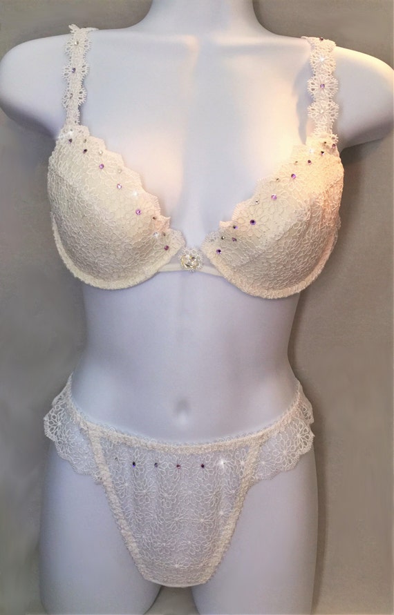 Declicate White W/lavender Purple Accents Floral Lace Swarovski Crystal Bra  and Thong Panties Set 36C -  Canada